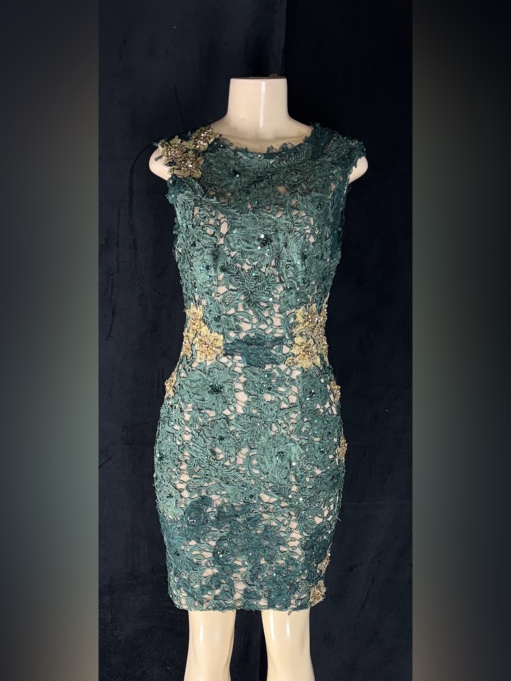 Forest Green Lace Appliqué Mini Dress with Gold Accents